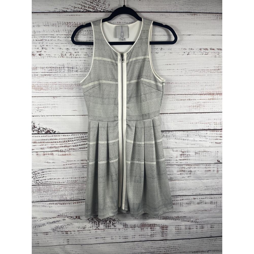 A New York Dress Womens XS Gray Striped Zip Front Fit Flare Mini Pleated